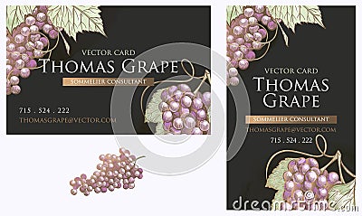 Black business cards vector set, botanical design with grape fruts illustration. Decorative frame with grape bunches and Vector Illustration