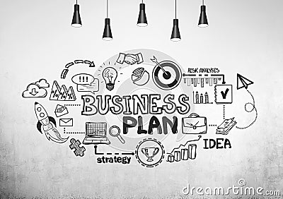 Black business plan sketch on a concrete wall Stock Photo