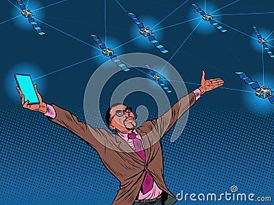 Black businessman and global satellite Internet Vector Illustration