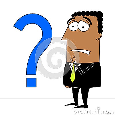 Black cartoon businessman, question mark - problem concept Stock Photo