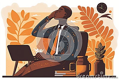 black businessman relaxes after a busy day, created with Generative AI technology Stock Photo