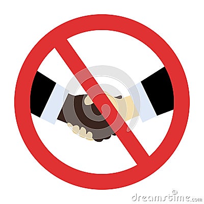 Black businessman and white handshake forbidden symbol. Warning ban contract sign COVID-19 Vector Illustration