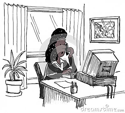 Black businesswoman at her desk and talking on cell phone Cartoon Illustration