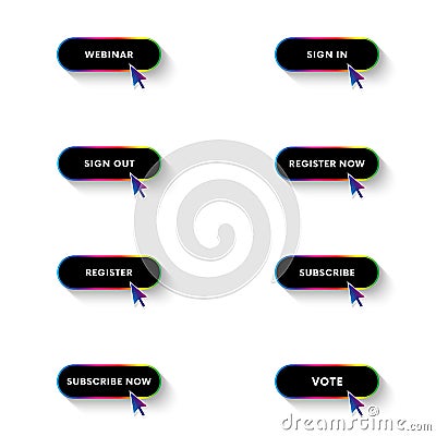 Black buttons set with long shadow. Spectrum gradient. Vector illustration. Stock Photo