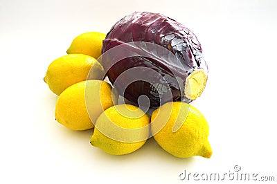 Black, cabbage and lemon paintings on a white background Stock Photo