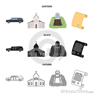 Black cadillac to transport the grave of the deceased, a church for a funeral ceremony, a grave with a tombstone, a Vector Illustration