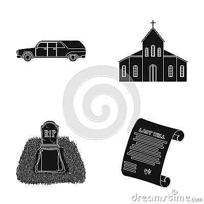 Black cadillac to transport the grave of the deceased, a church for a funeral ceremony, a grave with a tombstone, a Vector Illustration