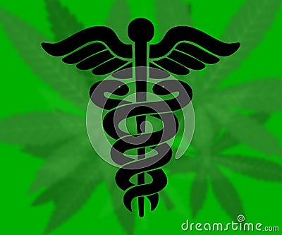 Black caduceus sign on marijuana background Stock Photo