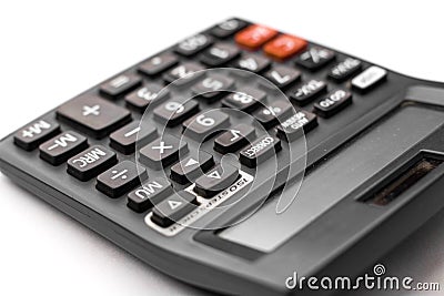 Black calculator on white background isolated stock image. Stock Photo