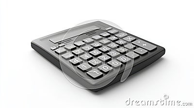 A black calculator on a white surface highlighting its numeric keypad and basic functions Stock Photo