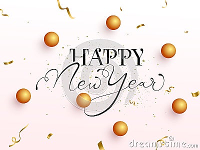 Black Calligraphy of Happy New Year Text with 3D Golden Spheres and Confetti Ribbon Stock Photo