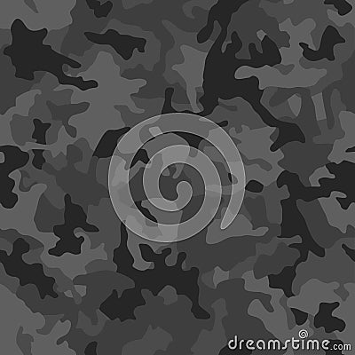 Black camouflage pattern, seamless vector background. Classic woodland clothing style masking dark camo, repeat print. Vector Illustration
