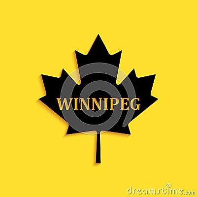 Black Canadian maple leaf with city name Winnipeg icon isolated on yellow background. Long shadow style. Vector Vector Illustration