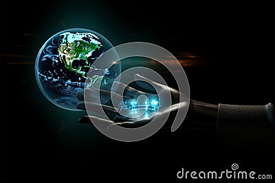 A black canvas illuminated by a hand clutching emerald radiance Stock Photo
