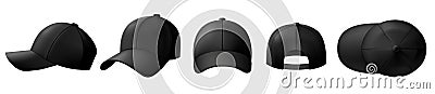 Black cap mockup. Baseball caps, sport hat template and realistic 3D top view cap vector illustration set Vector Illustration