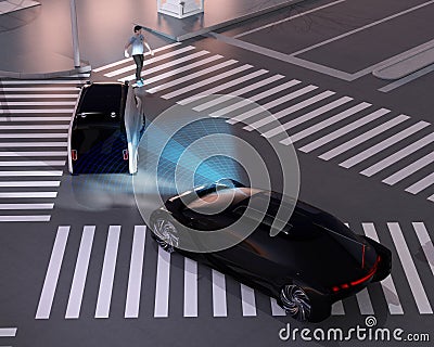 Black car emergency braking to avoid car accident from minivan waiting pedestrian walking cross Stock Photo