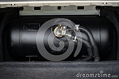 Black car liquefied petroleum gas, LPG tank with meter close up Stock Photo