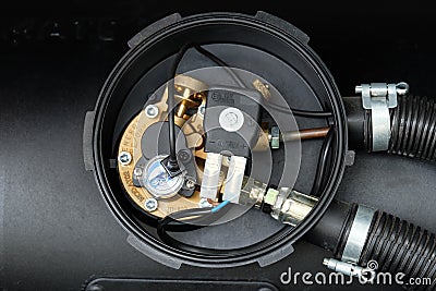 Black car liquefied petroleum gas, LPG tank with meter close up Stock Photo