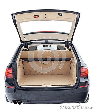 Black car with open brown clean trunk Stock Photo