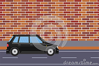 Black car running beside a brick wall and urban road vector. Cityscape area with a black car running concept. Simple urban roads Vector Illustration
