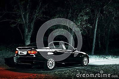 Black car stay in darkness forest at night Stock Photo