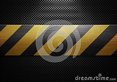 Black carbon fiber textured material design with warning tape in Stock Photo