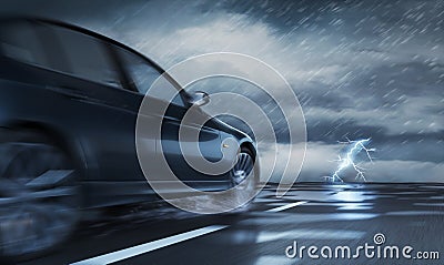 Black car in the storm on wet road Cartoon Illustration
