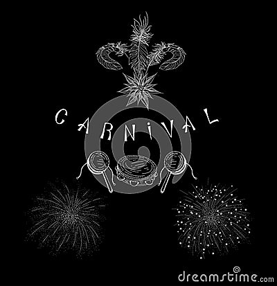 Black carnival background with white musical instruments. Vector Illustration