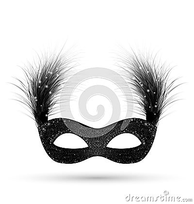 Black carnival mask with fluffy feathers isolated on white Vector Illustration