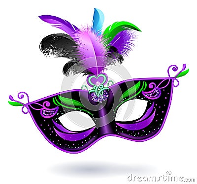 Black carnival mask with violet pink blue feathers on white background. Carnival banner. Vector card. Mardi gras banner Vector Illustration