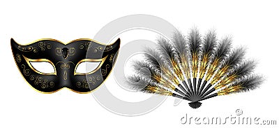 Black carnival venetian mask, masquerade feather fan with gold ornament Vector Illustration