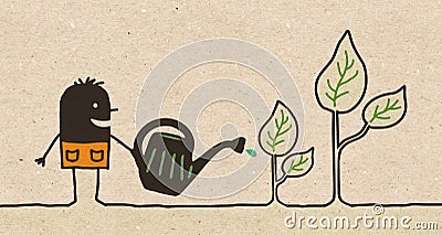 Black Cartoon Gardener watering Plants Cartoon Illustration