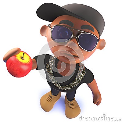 Black cartoon hiphop rapper character in 3d eating an apple Stock Photo