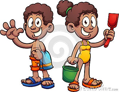 Black cartoon kids with swimsuits Vector Illustration