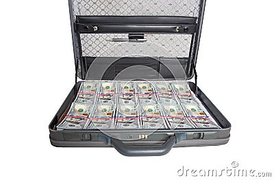 Black case with money dollars on a white background, isolate. Market competitiveness and investment concept Stock Photo