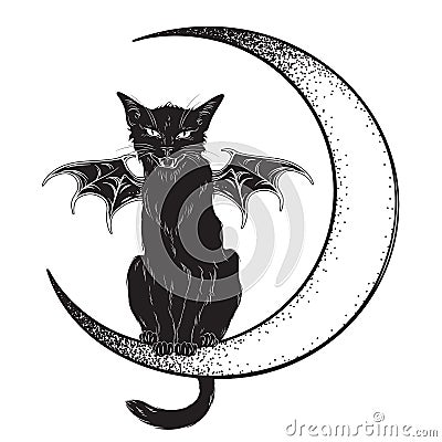 Black cat with bat wings sitting on the crescent moon isolated line art and dotwork vector illustration. Witches familiar spirit a Vector Illustration