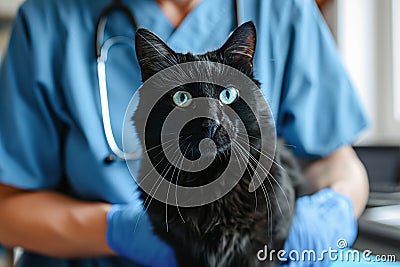 black cat being examined by a veterinarian in vet clinic., focus on cat, pet healthcare concept Stock Photo