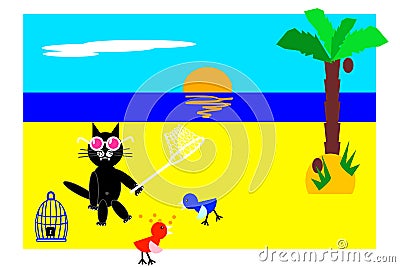 Black cat catching birds on the beach near the blue ocean or seaside on paradise island, cute cat vacation Vector Illustration