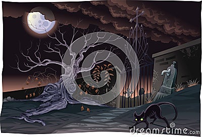 Black cat and cemetery in the night. Vector Illustration