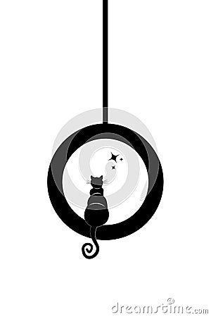 Black Cat with curly tail sitting on the swing at look at the stars, logo animal tattoo, vector illustration on white background Vector Illustration