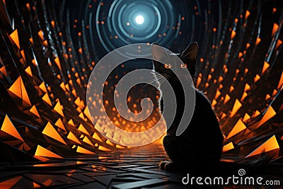 Black cat in a dark tunnel with orange triangles, AI Stock Photo