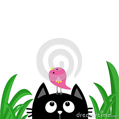 Black cat face head silhouette looking up to bird on head. Green grass dew drop. Cute cartoon character. Kawaii animal. Baby card. Vector Illustration