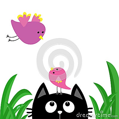 Black cat face head silhouette looking up to mother and baby bird. Green grass dew drop. Cute cartoon character. Kawaii animal. Pe Vector Illustration