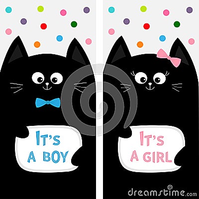 Black cat family couple with bow. Flyer poster set. Cute funny cartoon character. Its a boy girl. Baby shower greeting card. Flat Vector Illustration