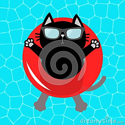 Black cat floating on red pool float water circle. Top air view. Hello Summer. Swimming pool water. Sunglasses. Lifebuoy. Cute car Vector Illustration