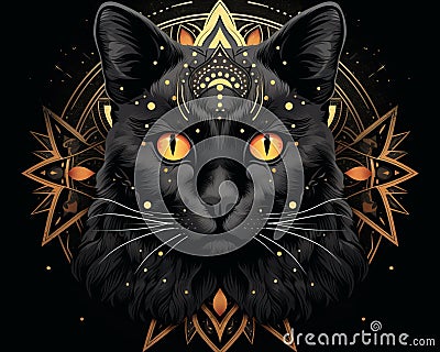 a black cat with golden eyes on a black background Stock Photo