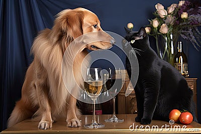 a black cat and golden retriever mingling at a cocktail party, with glasses of wine and champagne Stock Photo