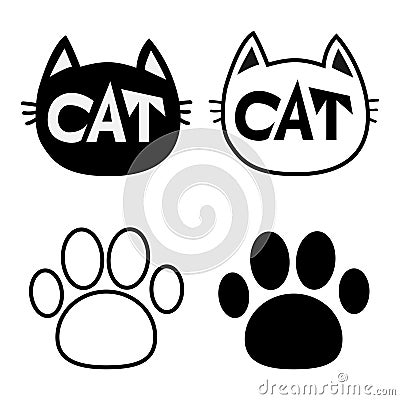 Black cat head face contour silhouette icon set. Line pictogram. Empty temlate. Paw print track. Cute funny cartoon character. Kit Vector Illustration