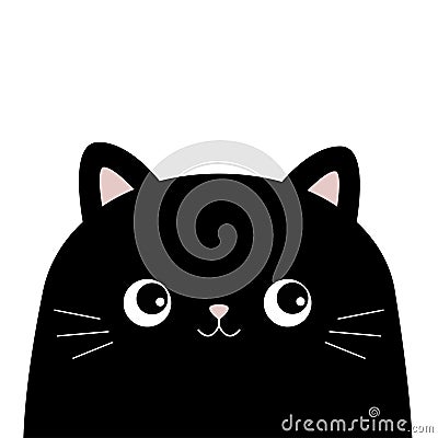 Black cat head face silhouette icon. Cute cartoon baby character. Pink nose, ears. Kawaii pet animal. Funny kitten. Sticker print Vector Illustration