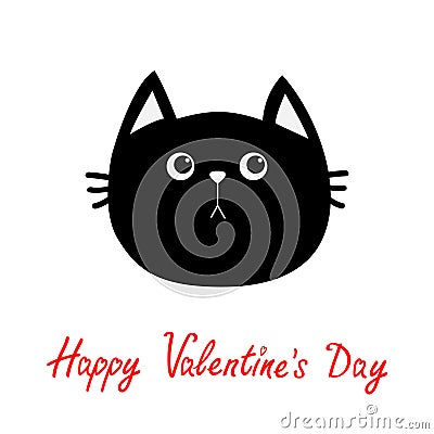 Black cat head icon. Cute funny cartoon character. Happy Valentines day red text. Greeting card. Sad emotion. Kitty Whisker Baby p Vector Illustration